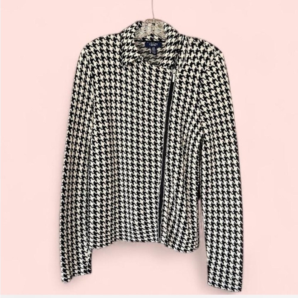 Vintage L Houndstooth Moto Jacket Asymmetrical Preppy Old Money Quiet Luxury